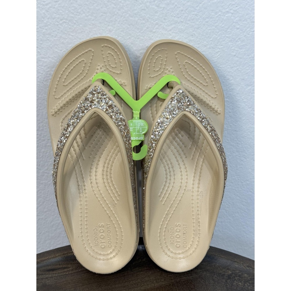 Crocs Sloane Wedge Sandals Women's Size 6 Gold Glitter Thong Flip‎ Flop Comfort